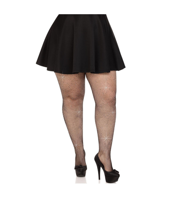 LEG AVENUE - MEIAS DE MALHA CRISTALIZADA PRETAS PLUS SIZE