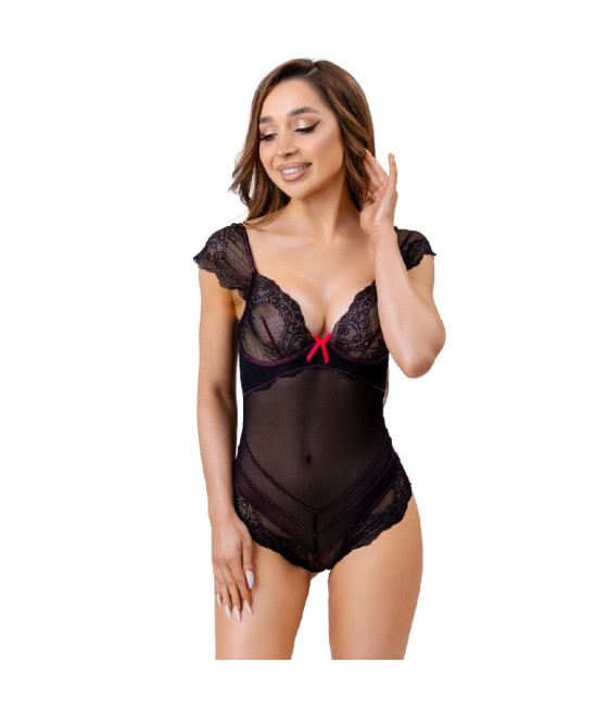 LIVCO CORSETTI FASHION - EVELYN LC 20243 BODY CON PROFILI IN PIZZO E TRASPARENZE NERO S/M