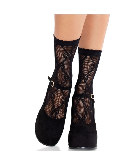 LEG AVENUE - MEIAS DE RENDA PRETA COM LAÇO