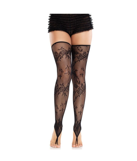 LEG AVENUE - BAS SANS PIEDS EN DENTELLE FLORALE NOIR
