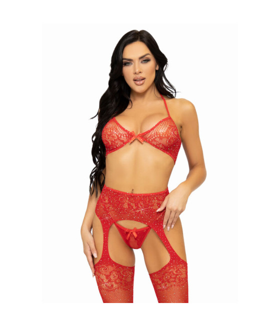 LEG AVENUE - SET TRES PIEZAS SUJETADOR, TANGA Y MEDIAS TALLA ÚNICA - ROJO