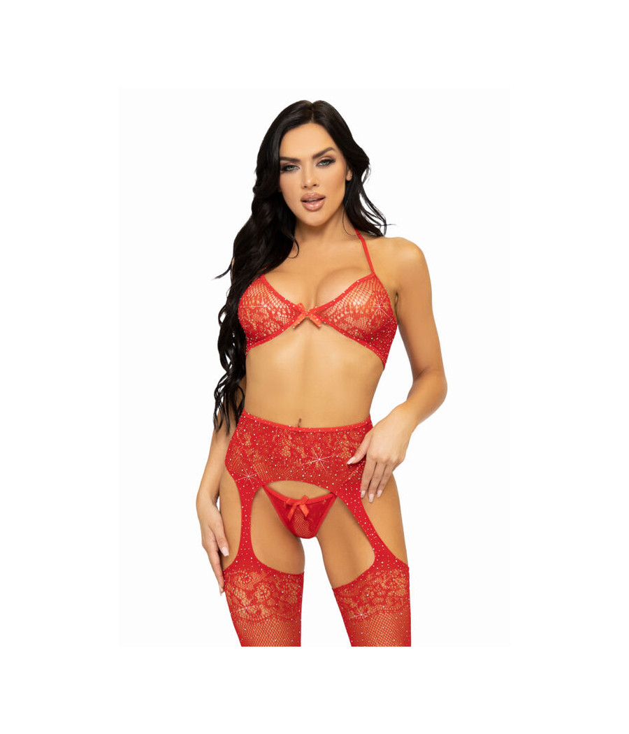 LEG AVENUE - SET TRES PIEZAS SUJETADOR, TANGA Y MEDIAS TALLA ÚNICA - ROJO