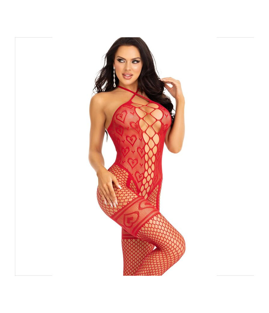 LEG AVENUE - BODYSTOCKING NECK HALTER RED HEARTS RED