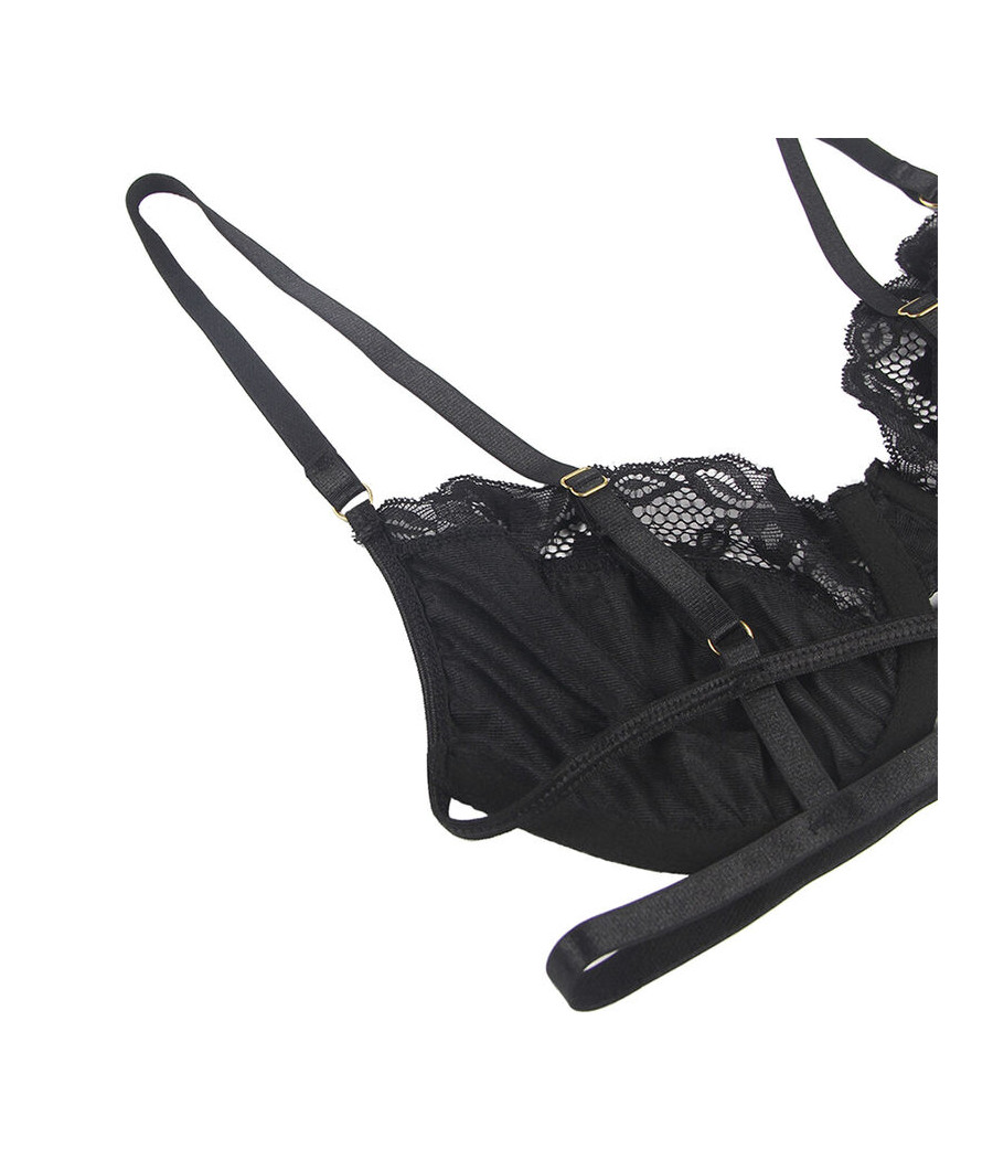 SUBBLIME - SET OF 3 PIECES BRA + THONG + LACE GARTER BLACK S/M