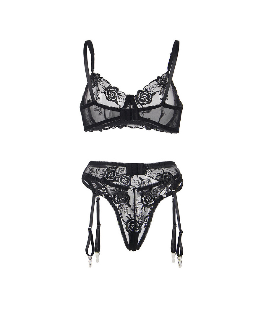 SUBBLIME - SET DE 3 PIEZAS SUJETADOR + TANGA + LIGA ESTAMPADO FLORAL NEGRO S/M