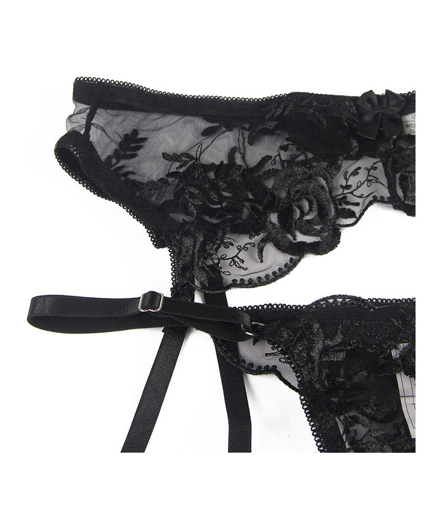 SUBBLIME - SET DE 3 PIEZAS SUJETADOR + TANGA + LIGA ESTAMPADO FLORAL NEGRO S/M