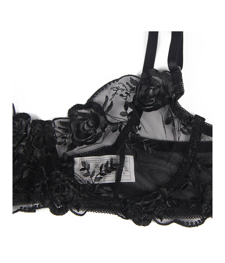 SUBBLIME - SET DE 3 PIEZAS SUJETADOR + TANGA + LIGA ESTAMPADO FLORAL NEGRO S/M