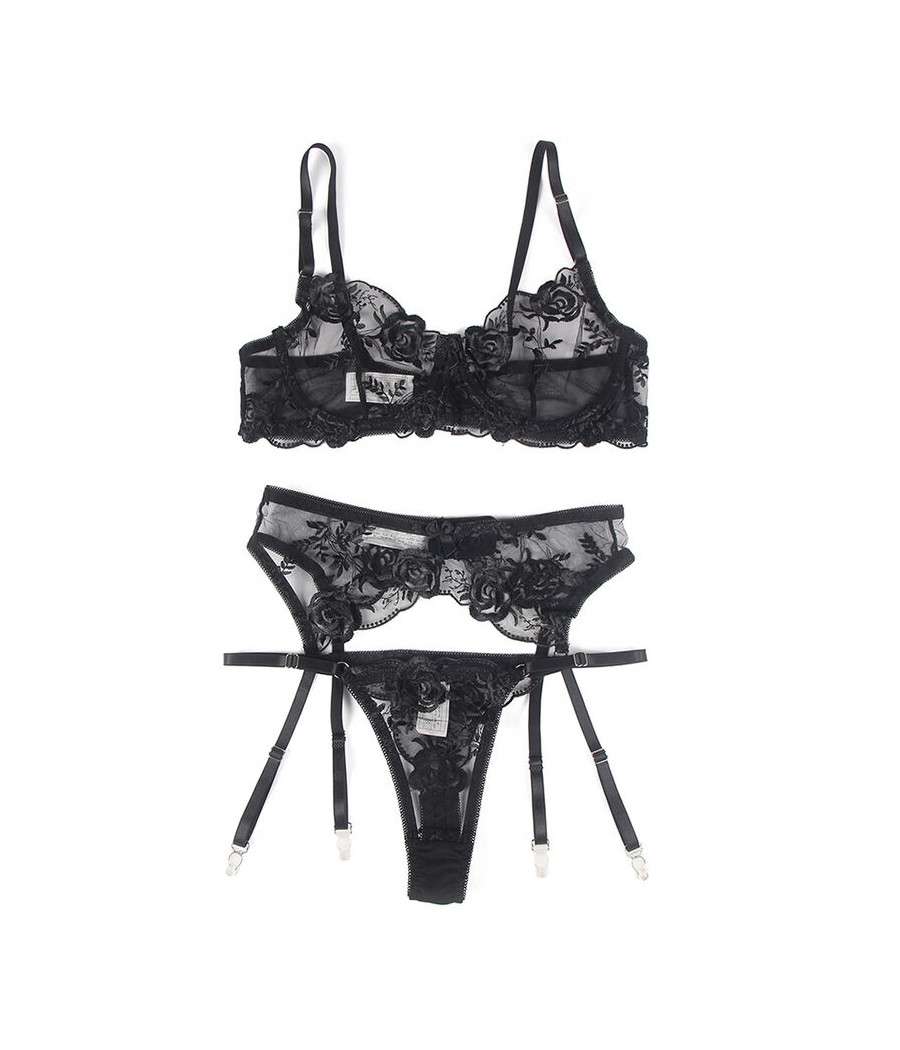 SUBBLIME - SET 3 PEZZI REGGISENO + PERIZOMA + GIARRETTIERA STAMPA FLOREALE NERO L/XL