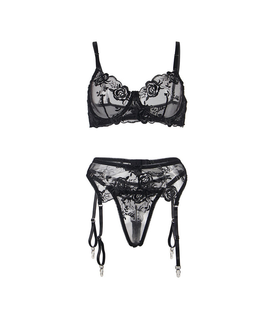 SUBBLIME - 3-TEILIGES SET BH + STRING + STRUMPFBAND BLUMENPRINT SCHWARZ L/XL