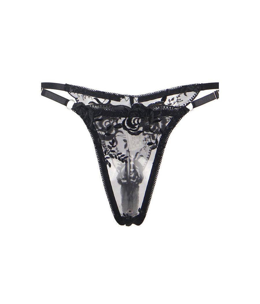 SUBBLIME - SET OF 3 PIECES BRA + THONG + GARTER FLORAL PRINT BLACK L/XL