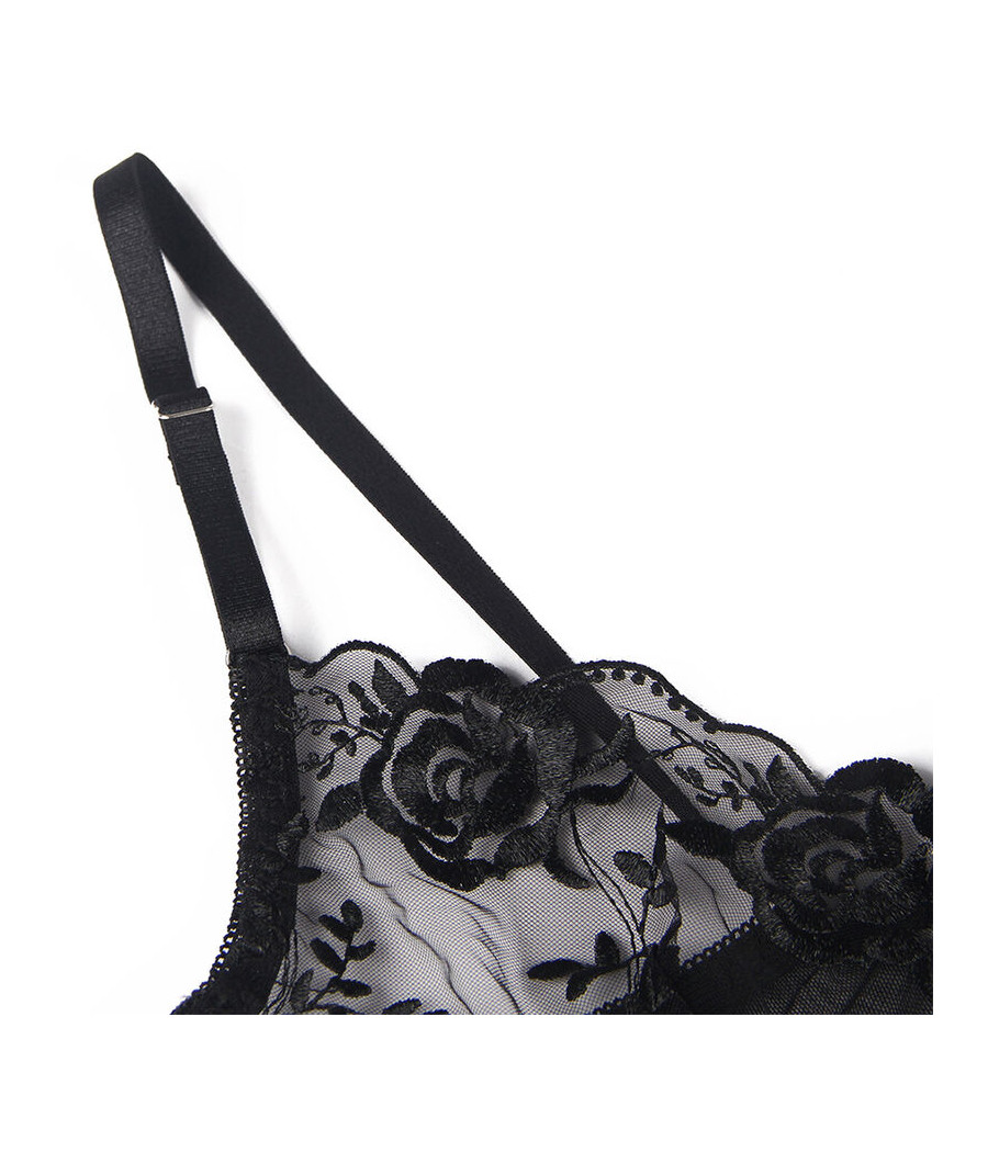 SUBBLIME - SET OF 3 PIECES BRA + THONG + GARTER FLORAL PRINT BLACK L/XL