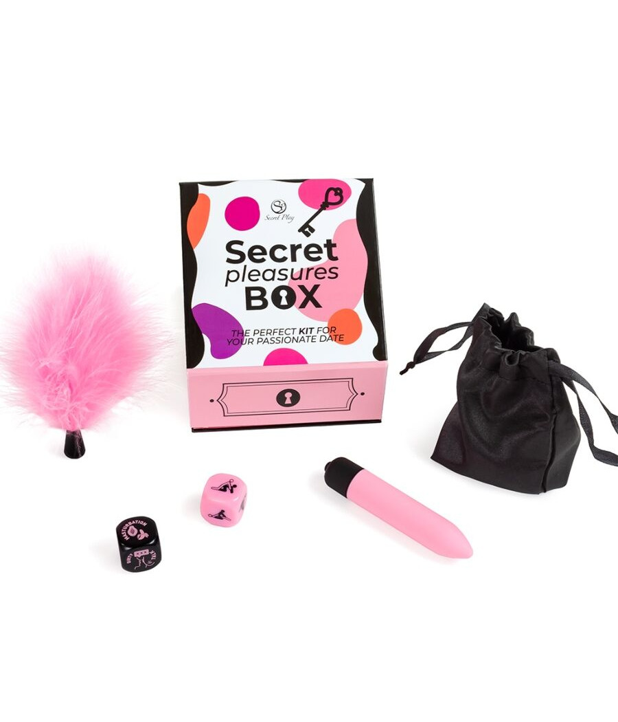 SECRET PLAY - PLEASURES BOX PER COPPIE: DADI + PROIETTILE VIBRANTE + PENNA CON PIUMA