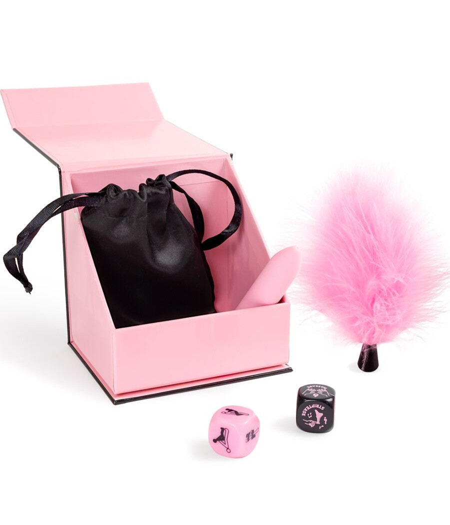 SECRET PLAY - PLEASURES BOX PER COPPIE: DADI + PROIETTILE VIBRANTE + PENNA CON PIUMA