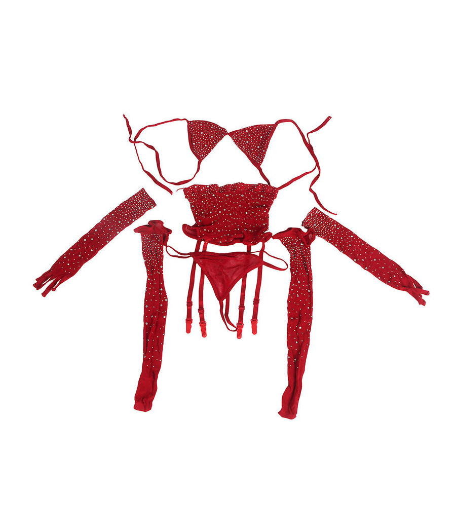 SUBBLIME - 952181 BODYSTOCKING RESILLE AVEC GANTS ET DIAMANTS ROUGE TAILLE UNIQUE