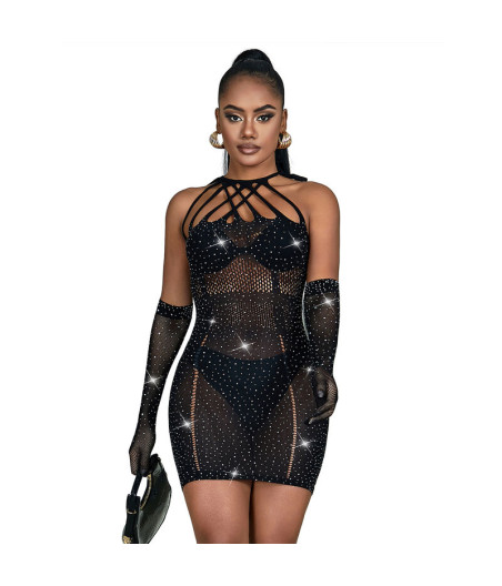 SUBBLIME - 952235 VESTIDO DE REJILLA CON BRILLANTES NEGRO TALLA ÚNICA