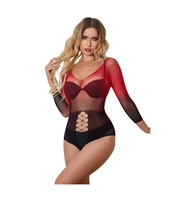 SUBBLIME - 952259 RED AND BLACK GRADIENT LONG SLEEVE ELASTIC FISHNET DRESS ONE SIZE