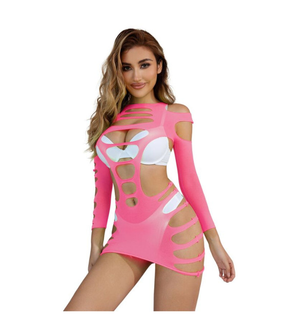 SUBBLIME - 952273 LONG SLEEVE ELASTIC FISHNET DRESS PINK ONE SIZE