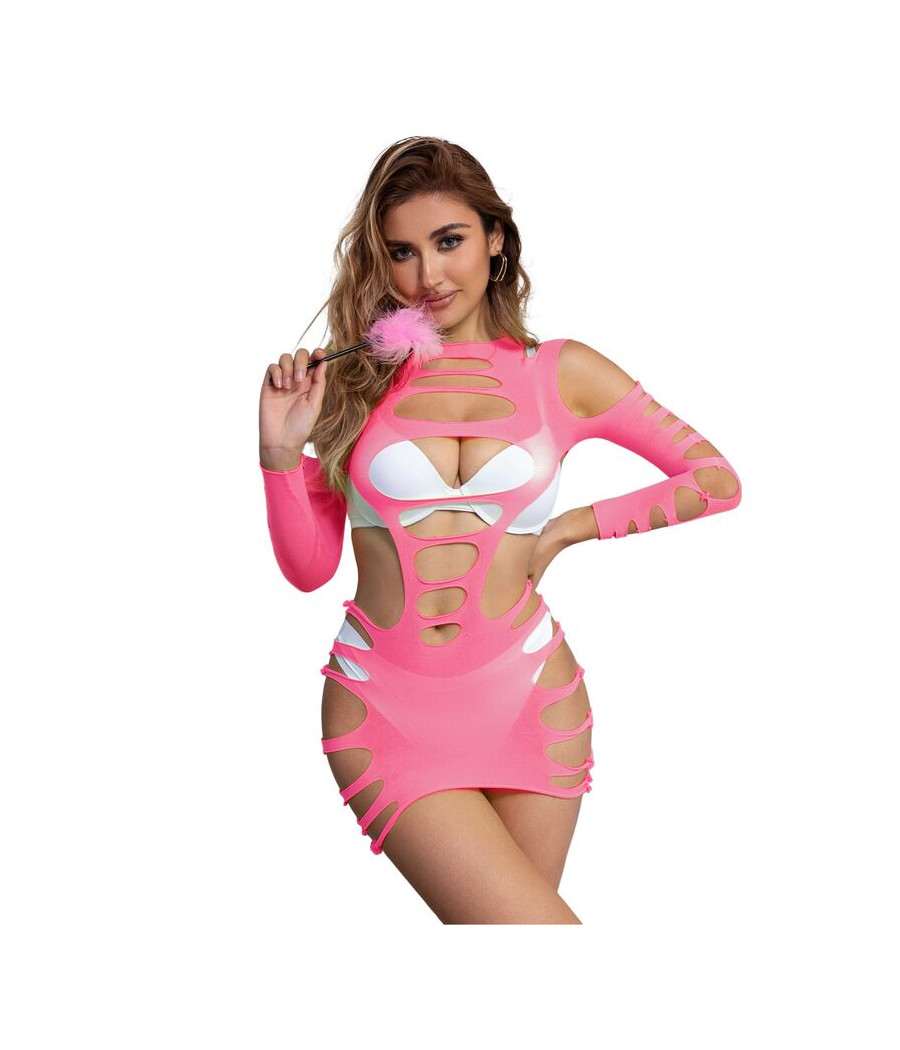 SUBBLIME - 952273 LONG SLEEVE ELASTIC FISHNET DRESS PINK ONE SIZE