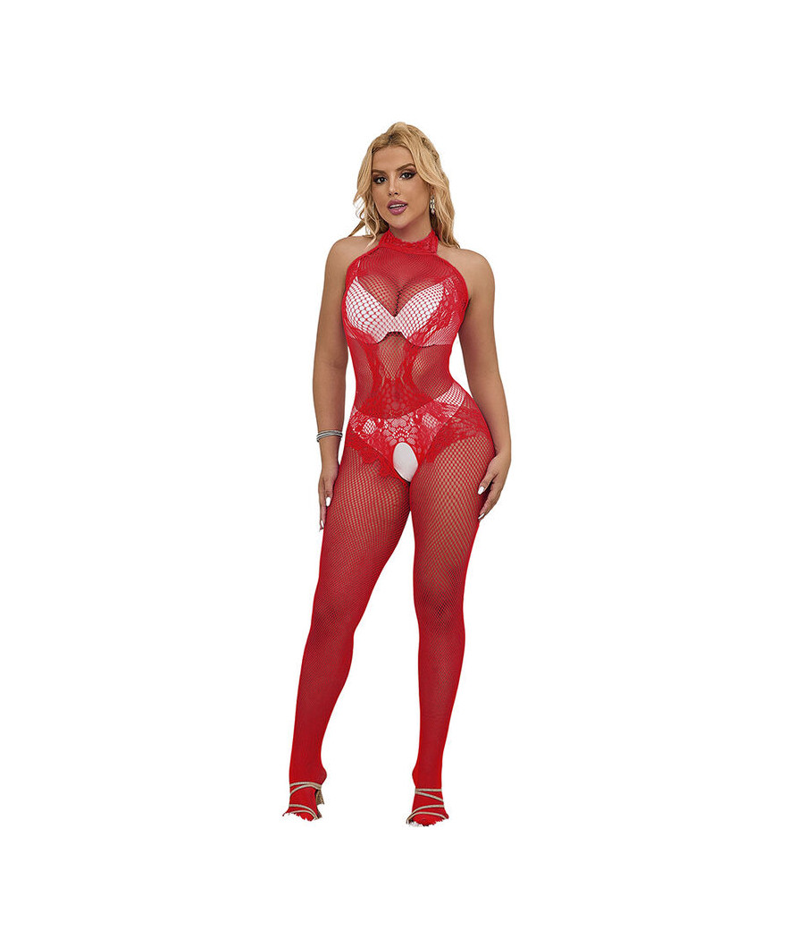 SUBBLIME - 952372 FISHNET AND LACE CROTCHLESS BODYSTOCKING WITH HIGH NECK RED ONE SIZE