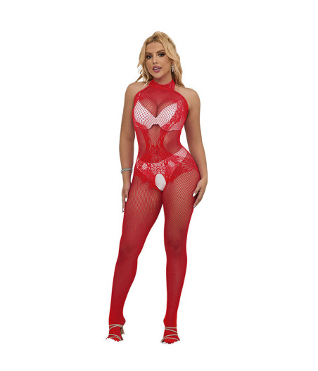 SUBBLIME - 952372 FISHNET AND LACE CROTCHLESS BODYSTOCKING WITH HIGH NECK RED ONE SIZE