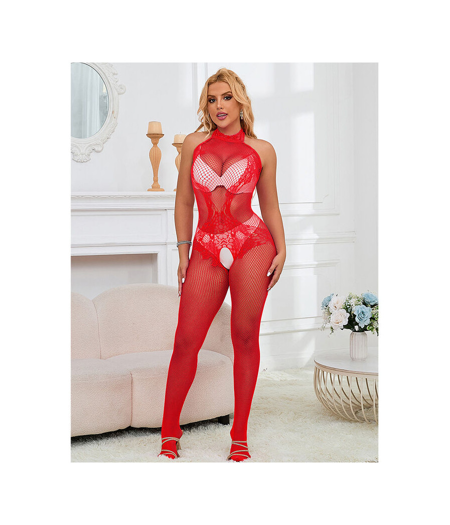 SUBBLIME - 952372 BODYSTOCKING CROTCHLESS DE REJILLA Y ENCAJE CON CUELLO ALTO ROJO TALLA ÚNICA