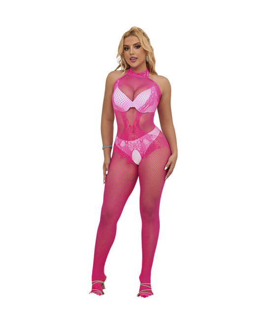 SUBBLIME - 952389 BODYSTOCKING A RETE E PIZZO SENZA CAVALLO CON COLLO ALTO ROSA TAGLIA UNICA