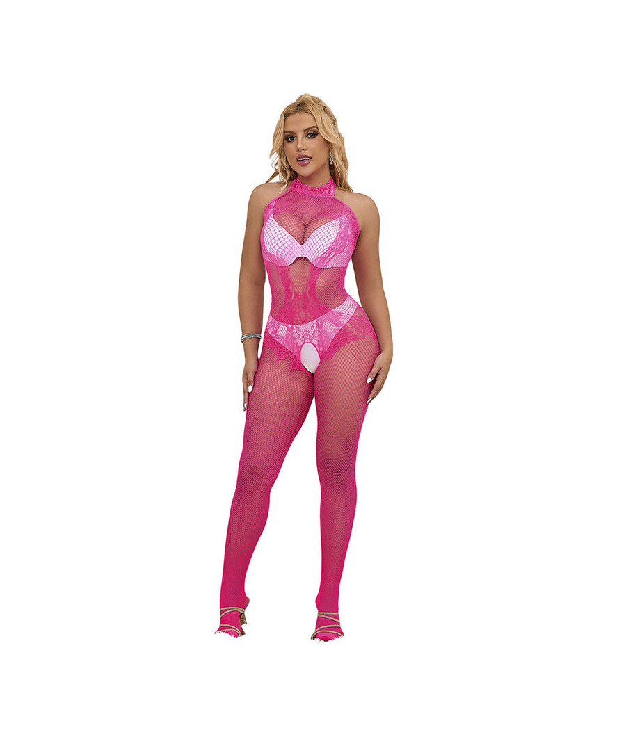 SUBBLIME - 952389 BODYSTOCKING CROTCHLESS DE REJILLA Y ENCAJE CON CUELLO ALTO ROSA TALLA ÚNICA