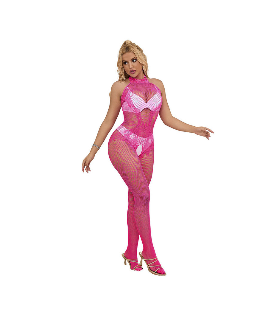 SUBBLIME - 952389 BODYSTOCKING A RETE E PIZZO SENZA CAVALLO CON COLLO ALTO ROSA TAGLIA UNICA