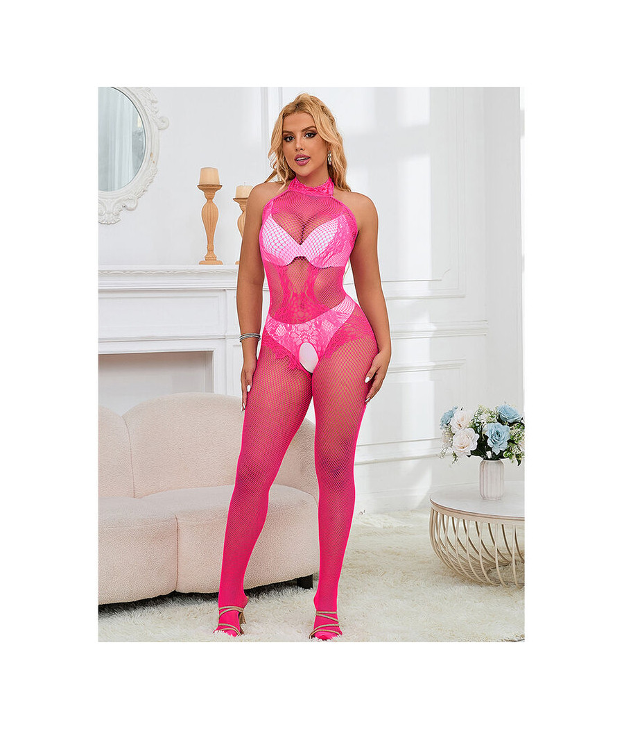 SUBBLIME - 952389 BODYSTOCKING RÉSILLE ET DENTELLE SANS FOURRURE AVEC COL MONTANT ROSE TAILLE UNIQUE