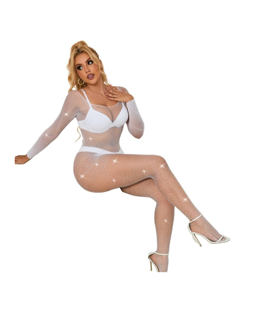 SUBBLIME - 952396 FISHNET BODYSTOCKING WITH DIAMONDS LONG SLEEVE WHITE ONE SIZE