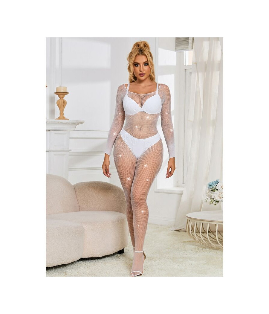 SUBBLIME - 952396 BODYSTOCKING A RETE CON STRASS MANICA LUNGA BIANCO TAGLIA UNICA
