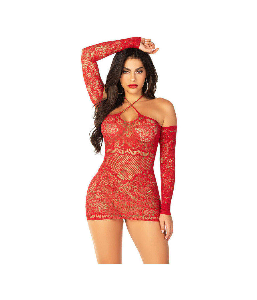 LEG AVENUE - MINIVESTIDO DE REJILLA CON HOMBROS DESCUBIERTOS Y MANGA LARGA ROJO