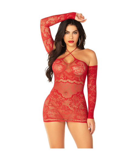 LEG AVENUE - OFF-SHOULDER LANGÄRMELIGES MESH-MINIKLEID ROT