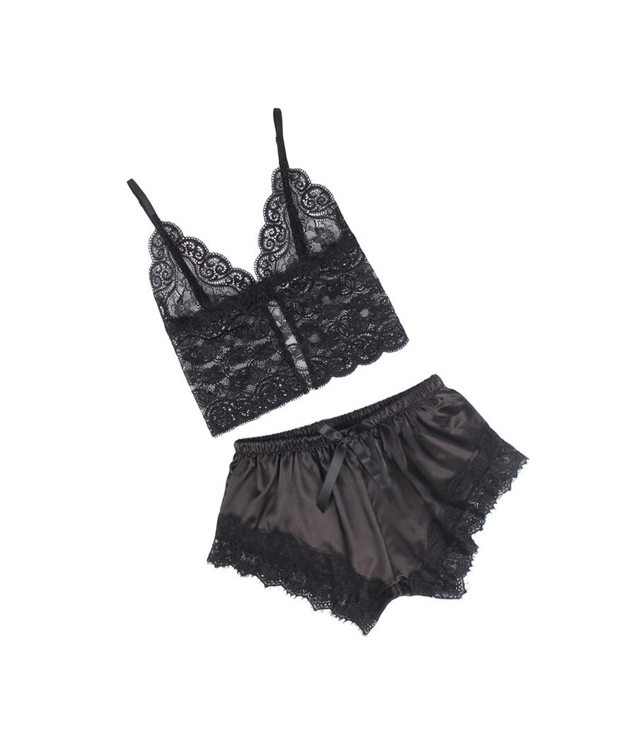 SUBBLIME - 953942 CHEMISE DE NUIT DÉCONTRACTÉE EN SOIE + PANTALON EN DENTELLE NOIR L/XL