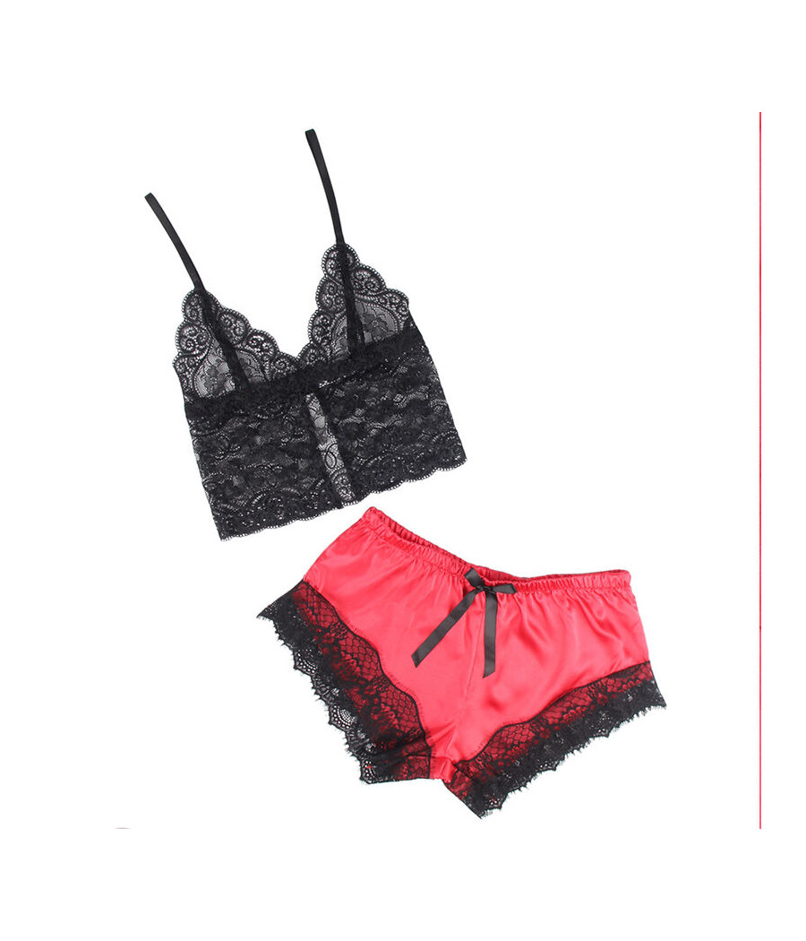 SUBBLIME - 953959 LÄSSIGE SEIDENNACHTHEMD + SPITZENHOSE SCHWARZ/ROT S/M