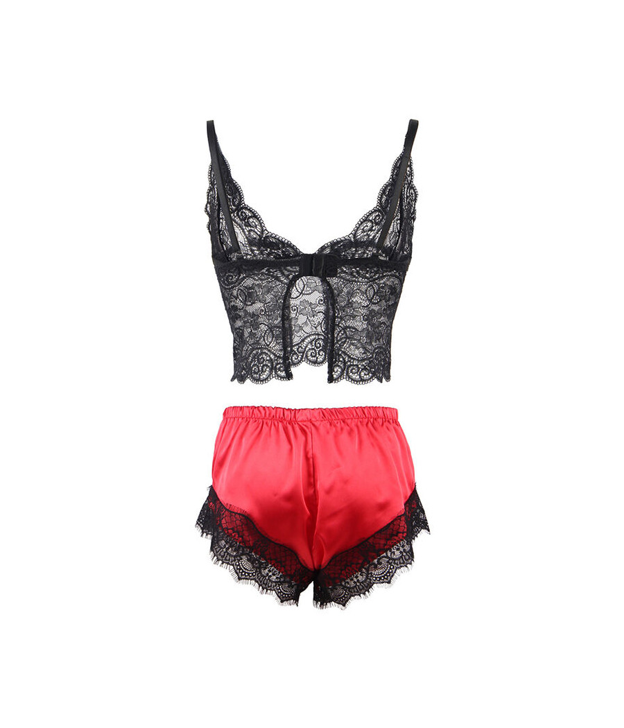 SUBBLIME - 953959 CAMICIA DA NOTTE CASUAL IN SETA + PANTALONI IN PIZZO NERO/ROSSO S/M