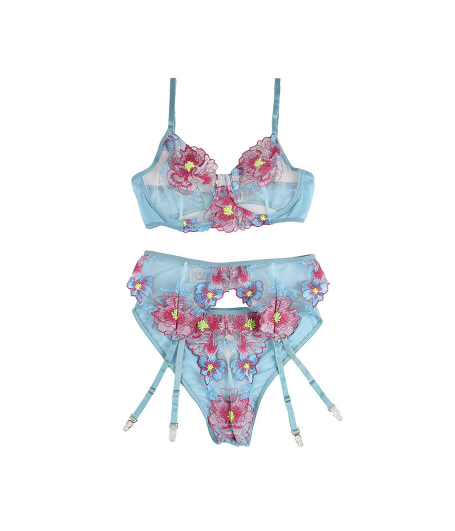 SUBBLIME - 954109 SUJETADOR + PANTIES CON LIGUERO DISEÑO FLORAL AZUL S/M