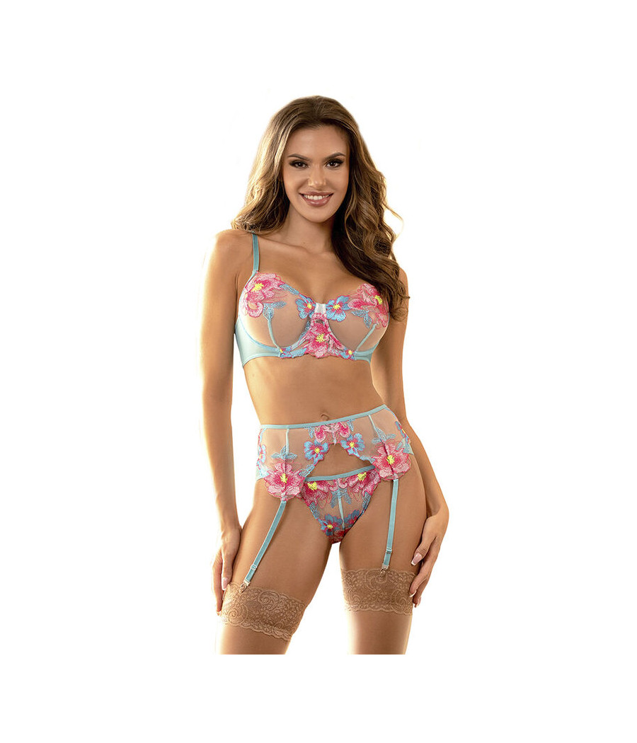 SUBBLIME - 954116 SOUTIEN-GORGE + CULOTTE AVEC PORTE-JARRETELLES MOTIF FLORAL BLEU L/XL