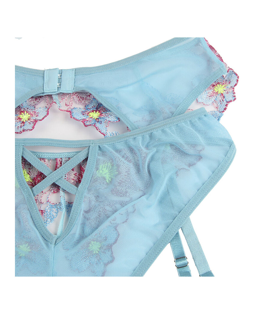 SUBBLIME - 954116 BH + HÖSCHEN MIT STRUMPFGÜRTEL BLUMENDESIGN BLAU L/XL