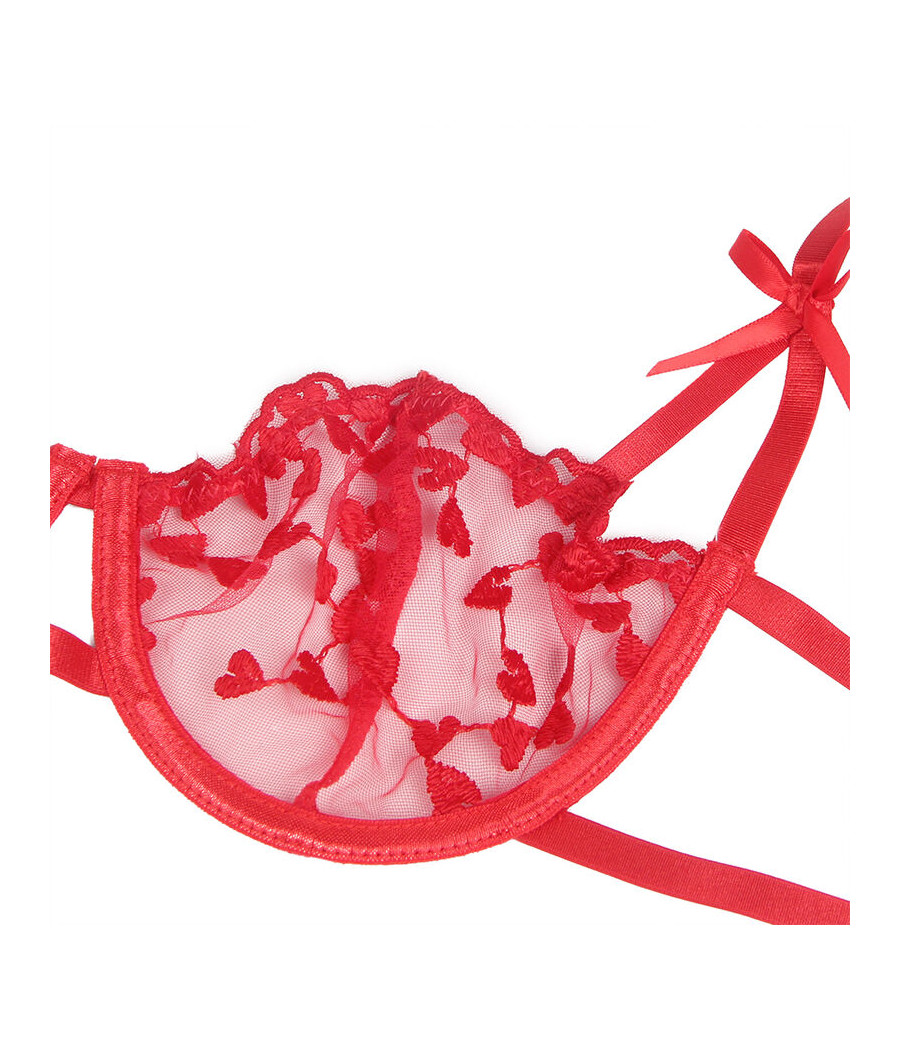 SUBBLIME - 954338 SOUTIEN-GORGE + STRING + PORTE-JARRETELLES IMPRIMÉ COEUR ROUGE L/XL