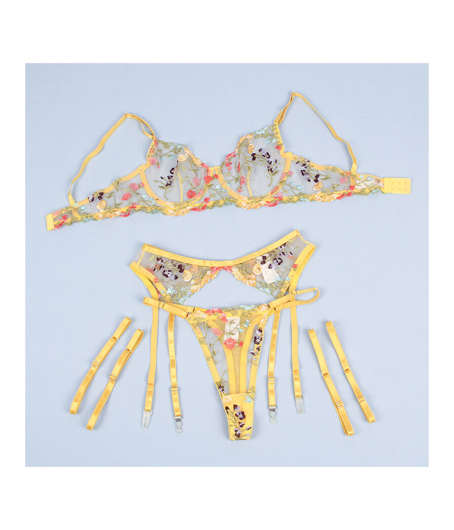 SUBBLIME - 954345 BH + STRING + STRUMPFGÜRTEL BLUMENDESIGN GELB S/M