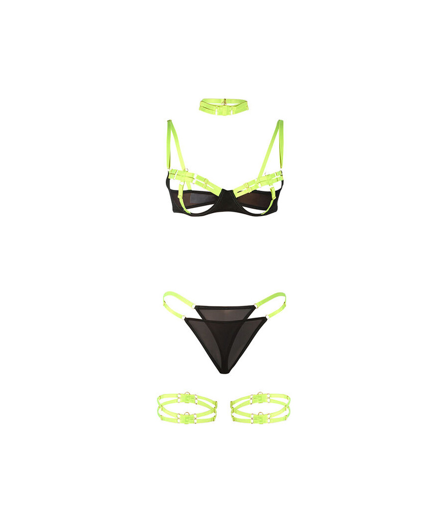 SUBBLIME - 955281 SET SUJETADOR CON COLLAR Y DETALLES PARA PIERNAS VERDE FLUORESCENTE L/XL