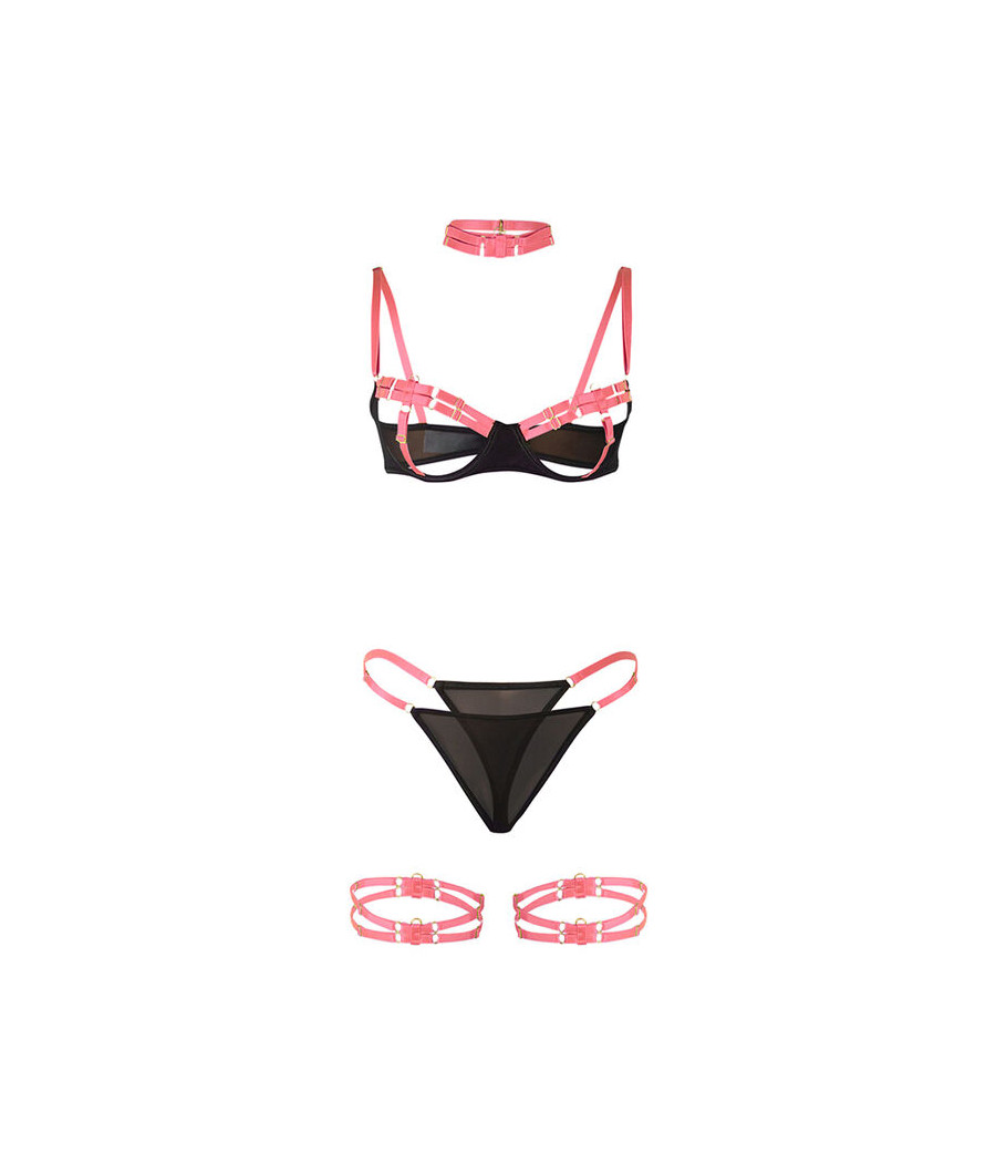 SUBBLIME - 955298 SET SUJETADOR CON COLLAR Y DETALLES PARA PIERNAS ROSA FLUORESCENTE S/M