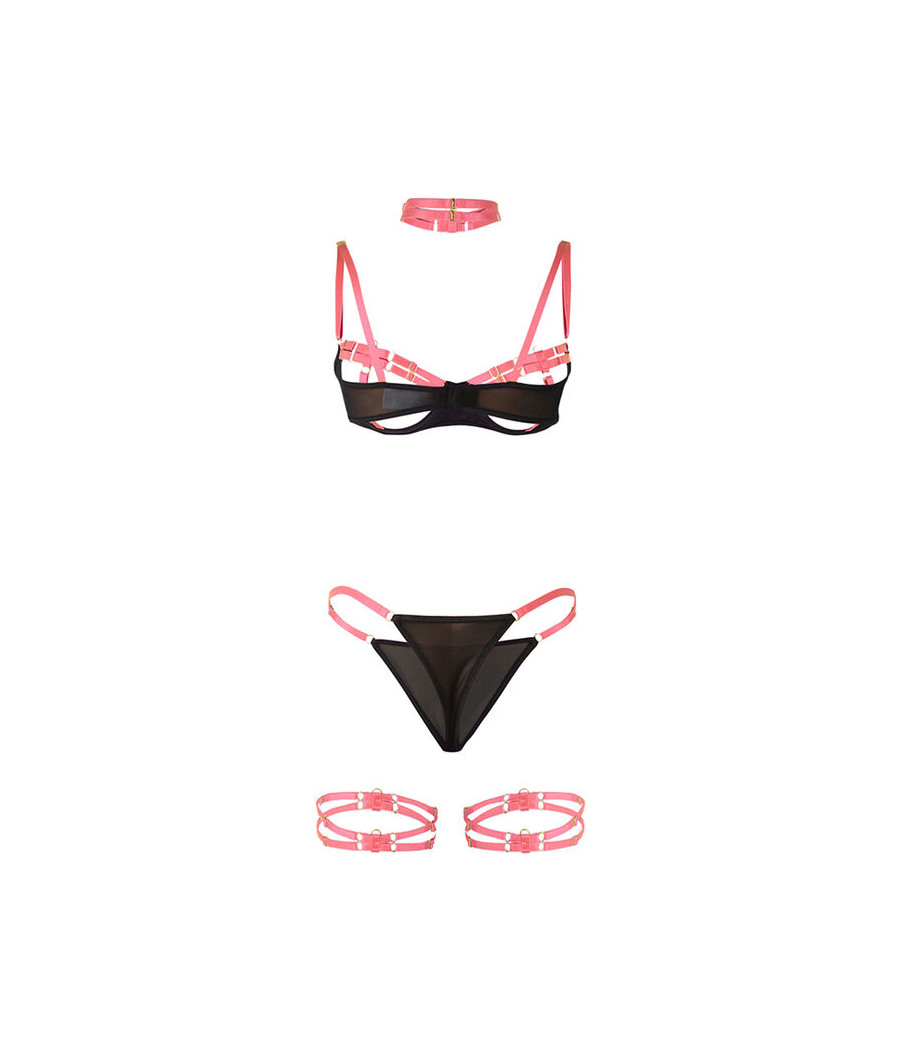 SUBBLIME - 955298 CONJUNTO DE SUTIÃ COM COLAR E DETALHES NAS PERNAS ROSA FLUORESCENTE S/M