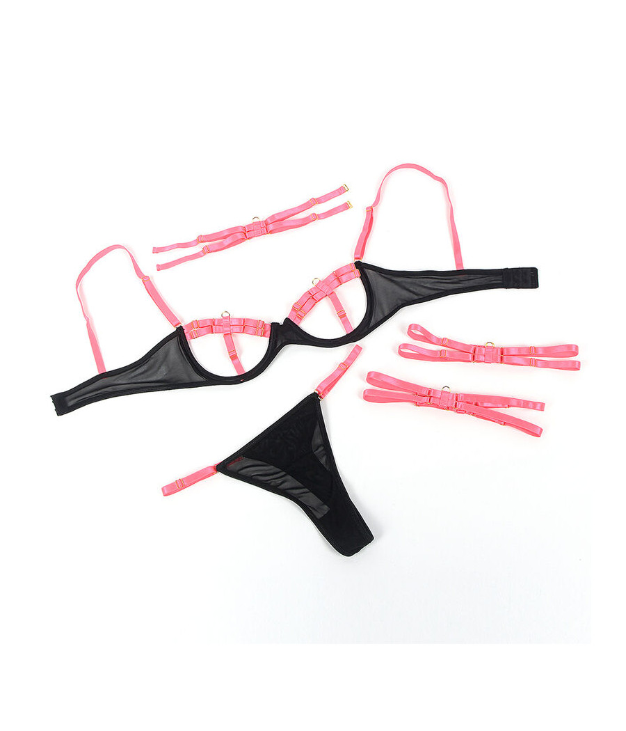 SUBBLIME - 955304 ENSEMBLE SOUTIEN-GORGE AVEC COLLIER ET DÉTAILS DE JAMBES ROSE FLUORESCENT L/XL