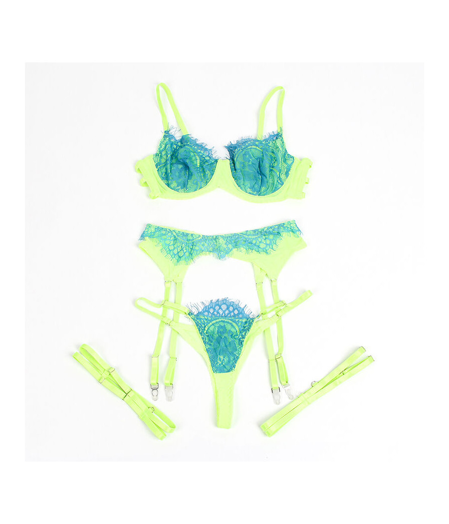 SUBBLIME - 955328 COMPLETO REGGISENO CON PIZZO E LINEE GIARRETRICI VERDE E BLU L/XL