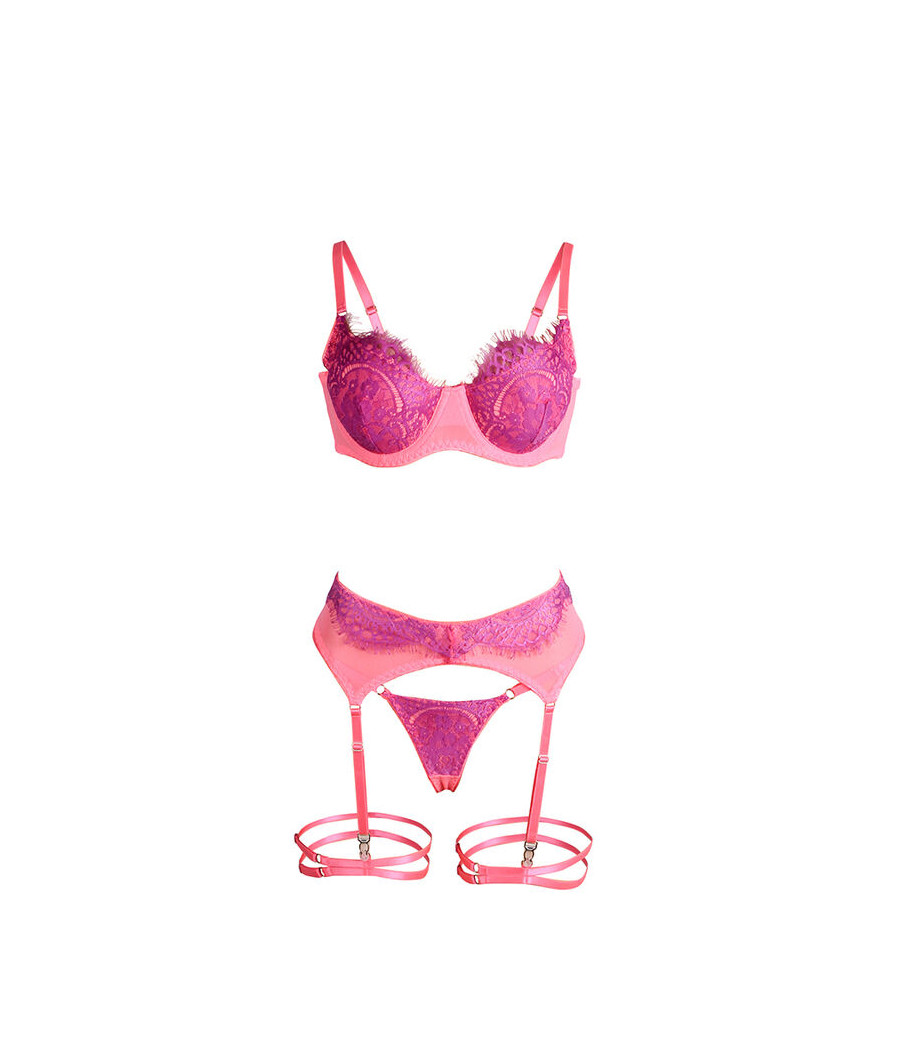 SUBBLIME - 955359 CONJUNTO DE SUTIÃ COM RENDA E LIGAS ROSA E ROXO S/M