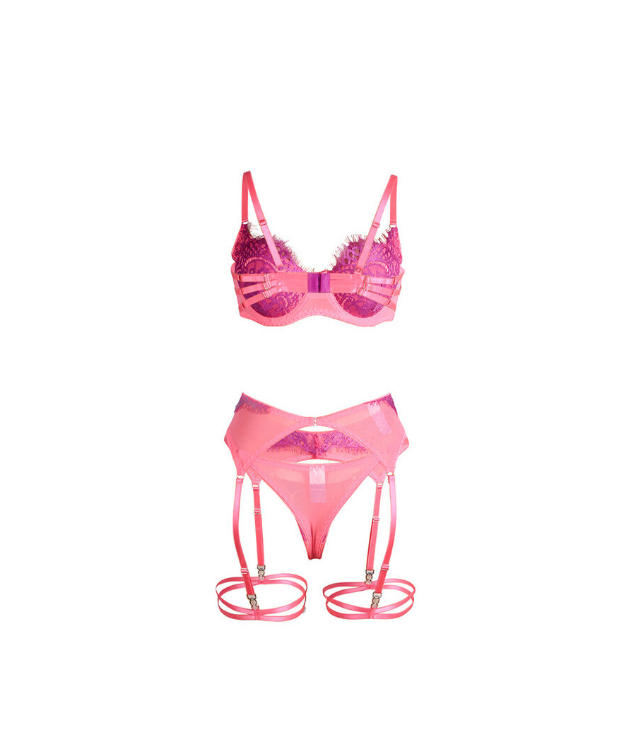 SUBBLIME - 955359 SET SUJETADOR CON ENCAJE Y LIGUEROS ROSA Y MORADO S/M