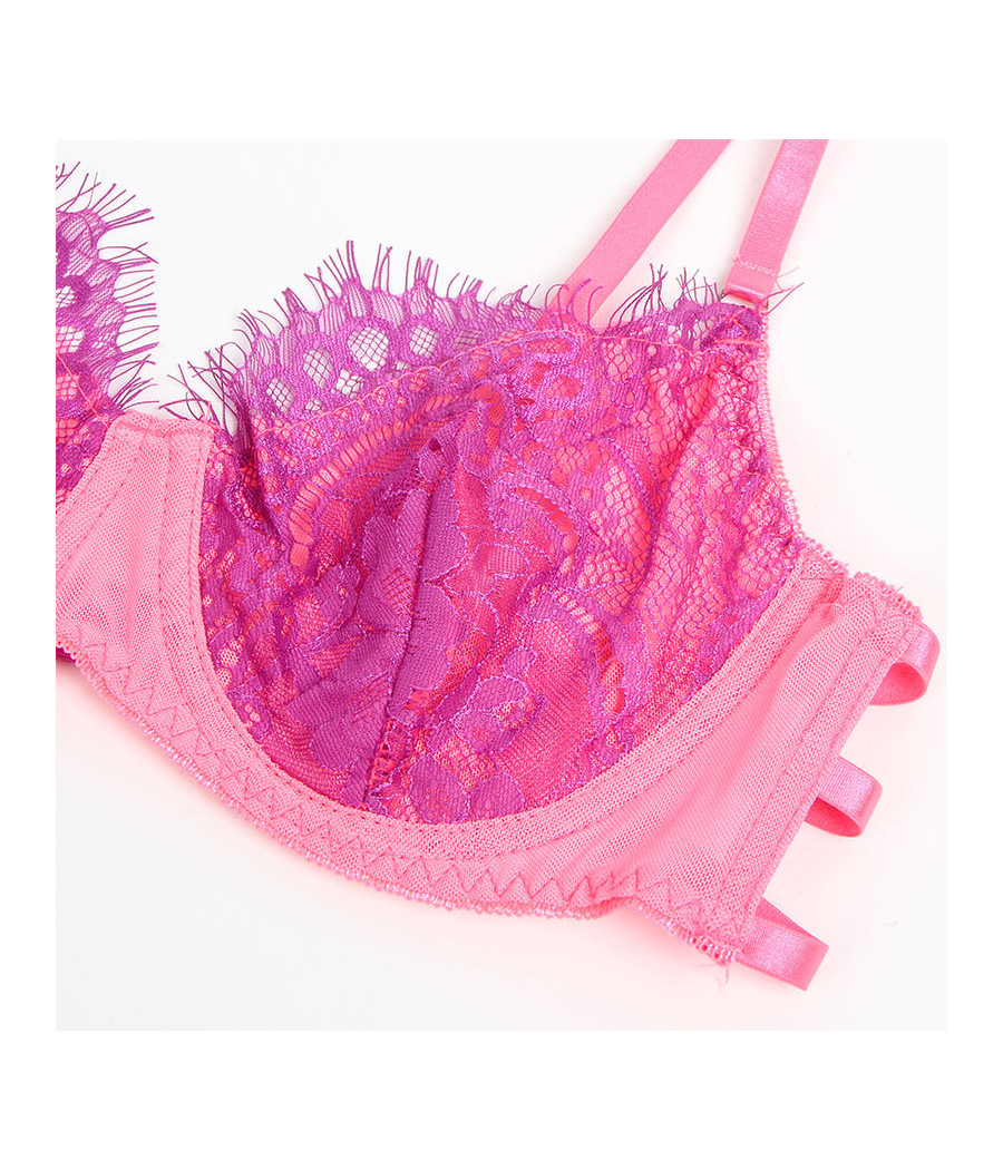 SUBBLIME - 955366 BRA SET WITH LACE AND GARTER LINES PINK AND PURPLE L/XL
