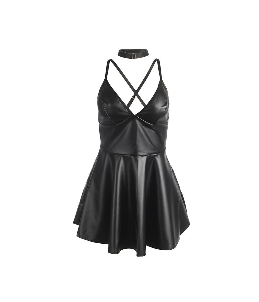 SUBBLIME - 955373 ROBE À BRETELLES EN CUIR NOIR S/M